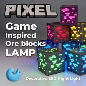 May include: A stack of pixelated cube lamps in various colors, including red, pink, yellow, green, and blue. The lamps are designed to resemble ore blocks from a video game. The image includes the text "Pixel Game Inspired Ore blocks LAMP".