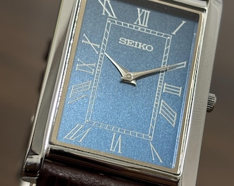 Vintage Seiko Slim Quartz Tank Style Watch: Roman Dial Leather Strap