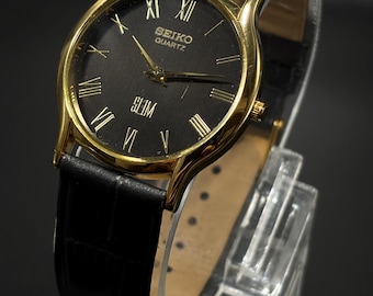 Vintage Seiko Tank Watch: Gold Plated Black Roman Dial, Japan Made