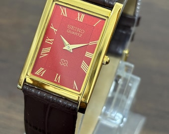 Vintage Seiko Gold Quartz Watch • Red Roman Dial • Rectangular Case • Brown Leather Strap