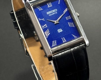 Vintage Seiko Slim Tank Quartz Watch: Blue Dial, Leather Strap