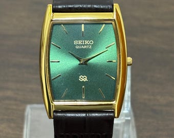 Orologio da polso vintage Seiko Slim Tank al quarzo: quadrante verde, cassa placcata in oro