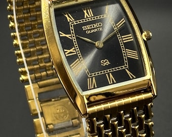 Vintage Seiko Tank Watch: Gold Plated, Black Roman Numeral Dial