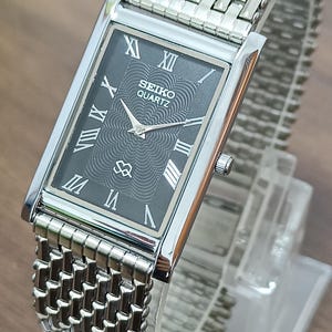 Vintage Seiko Men's Tank Wrist Watch Japan Made Black Roman Dial :Slim Profile