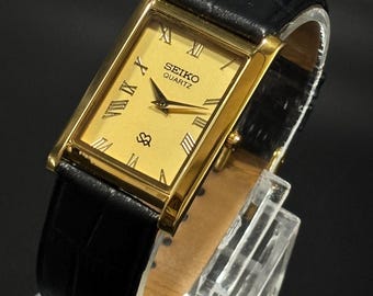 ヴィンテージ セイコー スリムタンク クォーツ メンズ腕時計：ゴールドメッキ｜レザーストラップ