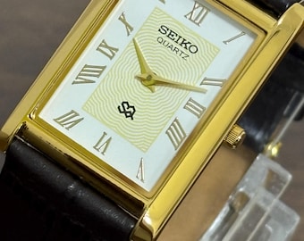 Vintage Seiko Tank heren quartz verguld polshorloge: leren band