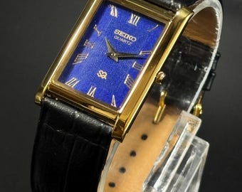 Zegarek Vintage Seiko Tank: niebieska tarcza z cyframi rzymskimi, pozłacany