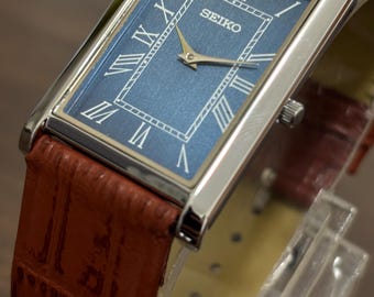 Vintage Seiko Slim Quartz Men's Tank Style Watch: Leather Strap