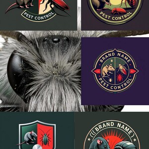 Może przedstawiać: Kolekcja logo kontroli szkodników przedstawiających szczura, karalucha i inne owady. Loga są okrągłe i w kształcie tarczy, z tekstem "Brand Name" i "Pest Control". Paleta kolorów obejmuje czerwień, zieleń i czerń.