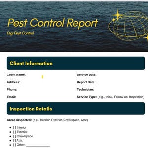 May include: A pest control report template with the title "Pest Control Report" and the company name "Digi Pest Control". The report includes sections for client information and inspection details, with areas to fill in.