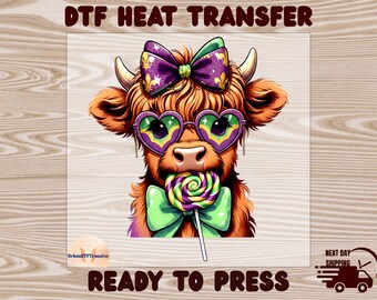 Highland Cow Mardi Gras DTF Transfer for Shirts, Coquette Funny Design, Ready to Press