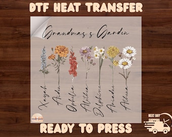 Grandma's Garden DTF, Custom Birthflower Design, Gift for Grandma, Love Grows Here, Mom's Garden, Mother's Day Gift