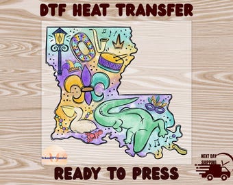 Retro Mardi Gras DTF Transfer, Mardi Gras Louisiana Map Shirt Design Ready to Press