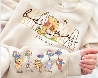 Custom Mothers Day DTF Transfer with Names, Winnie the Pooh Mother Day Ready To Press, Personalization Mama Bear Shirt Iron On Print