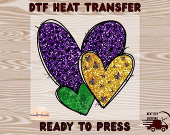 Mardi Gras Hearts DTF Transfer, Glitter Shirt Design Ready to Press