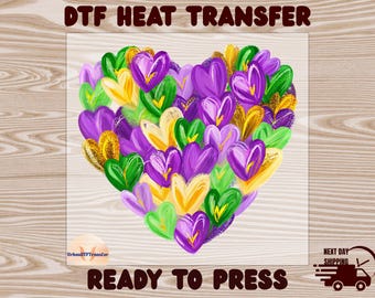 Brushstroke Mardi Gras DTF Transfer for Shirts, Glitter Heart Design Ready to Press