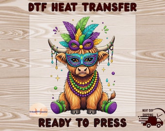 Mardi Gras Highland Cow  DTF Transfer, Funny Highland Shirt Design Ready to Press