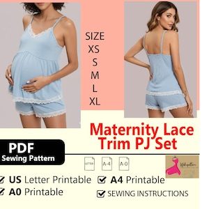 Könnte beinhalten: Hellblaues Umstandspyjama-Set mit Spitzenbesatz, bestehend aus einem Camisole-Top und Shorts. Die Größen XS, S, M, L und XL werden angezeigt. Der Text "Maternity Lace Trim PJ Set" ist sichtbar. Das Bild enthält auch ein PDF-Schnittmuster.