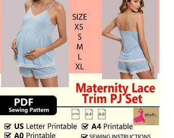 Mutterschaft Spitzenbesatz PJ Set, herunterladbare PDF Schnittmuster | A4 US Letter druckbar | Sofort Downloadbar