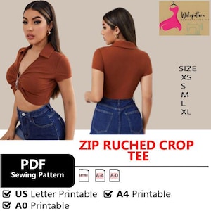 May include: A rust-colored zip-front ruched crop tee, shown from the front and back, with a collared neckline. The image includes a PDF sewing pattern with size options from XS to XL, and printable options for US Letter, A4, and A0.