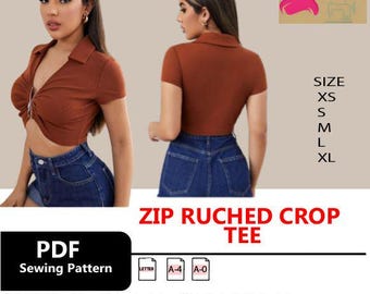 Zip Ruched Crop Top - Downloadable PDF Sewing Pattern |  A4 US Letter Printable | Instant Downloadable
