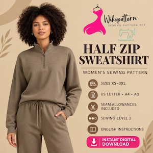 May include: A taupe half-zip sweatshirt and matching drawstring sweatpants. The text reads: Wikopattern, HALF ZIP SWEATSHIRT, WOMEN'S SEWING PATTERN, SIZES XS-3XL, US LETTER, A4, A0, SEAM ALLOWANCES INCLUDED, SEWING LEVEL 3, ENGLISH INSTRUCTIONS.