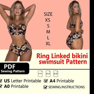 Puede incluir: Bikini con estampado floral negro y dorado con diseño de anillos. La imagen incluye el texto "Ring Linked bikini swimsuit Pattern" y opciones de tallas de XS a XL. También incluye "PDF Sewing Pattern" y opciones de impresión.