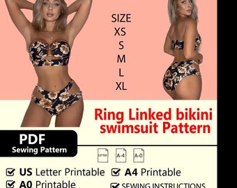 Strój kąpielowy typu bikini z łączonymi pierścieniami, plik PDF do pobrania, wykrój do szycia,
