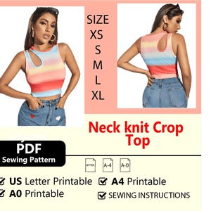 May include: A colorful crop top with a unique neckline and a gradient design, featuring shades of red, orange, blue, and yellow. The image also includes text that says "Neck knit Crop Top" and "PDF Sewing Pattern".
