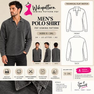 May include: A digital sewing pattern for a long-sleeve polo shirt with a V-placket and classic collar. The design includes a technical flat sketch showing front and back views, along with size options from S to 2XL in A4, US Letter, and A0 formats.