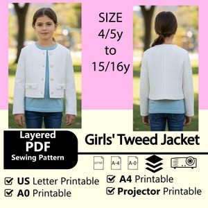 Könnte beinhalten: Weißes Tweed-Jäckchen mit Knopfverschlüssen und Taschen, getragen von einer jungen Person. Das Bild enthält Text mit Größen von 4/5y bis 15/16y und ein mehrschichtiges PDF-Schnittmuster für die Jacke.