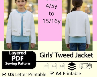 Girls Tweed Jacket PDF Sewing Pattern | Kids Jacket Pattern | Digital Download | Children Blazer Sewing Pattern | Size 2–12 Years