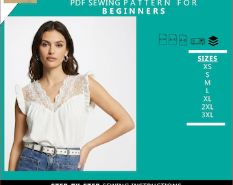 Lace Trim Blouse PDF Sewing Pattern, Beginner Friendly, All Sizes (Digital Download)
