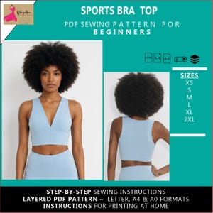 Könnte beinhalten: Ein PDF-Schnittmuster für ein hellblaues Sport-Bustier. Das Bild zeigt Vorder- und Rückansicht des Kleidungsstücks, eine Größenliste von XS bis 2XL sowie Symbole für Letter-, A4- und A0-Druckformate. Text beinhaltet SPORTS BRA TOP.