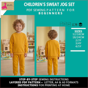 May include: A children's sweat jog set sewing pattern for beginners. The image shows a child wearing a mustard yellow sweatshirt and matching pants. The pattern includes sizes from 12/18cm to 4/5Y. The text on the image says "CHILDREN'S SWEAT JOG SET" and "PDF SEWING PATTERN FOR BEGINNERS."