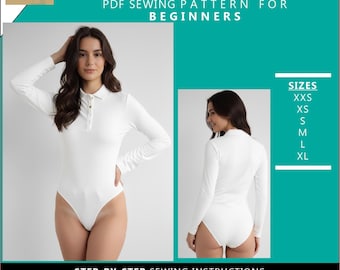 Long sleeve polo bodysuit - Downloadable PDF Sewing Pattern | A4 US Letter Printable | Instant Downloadable,