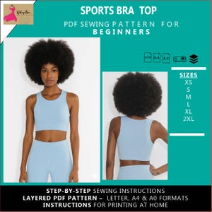 Può includere: Un completo top reggiseno sportivo e leggings azzurri. L'immagine mostra le viste anteriore e posteriore del top. Il testo sull'immagine recita "SPORTS BRA TOP PDF SEWING PATTERN FOR BEGINNERS" e "SIZES XS S M L XL 2XL".