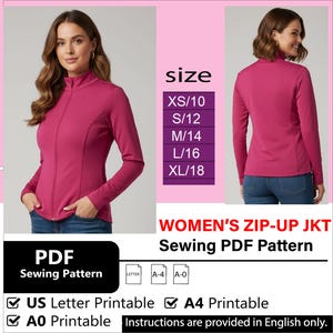 Könnte beinhalten: Eine magentafarbene Jacke mit Reißverschluss und hohem Kragen, von vorne und hinten gezeigt. Das Bild enthält eine Größentabelle und den Text "WOMEN'S ZIP-UP JKT Sewing PDF Pattern". Das Muster ist in US Letter, A4 und A0 druckbaren Formaten erhältlich.