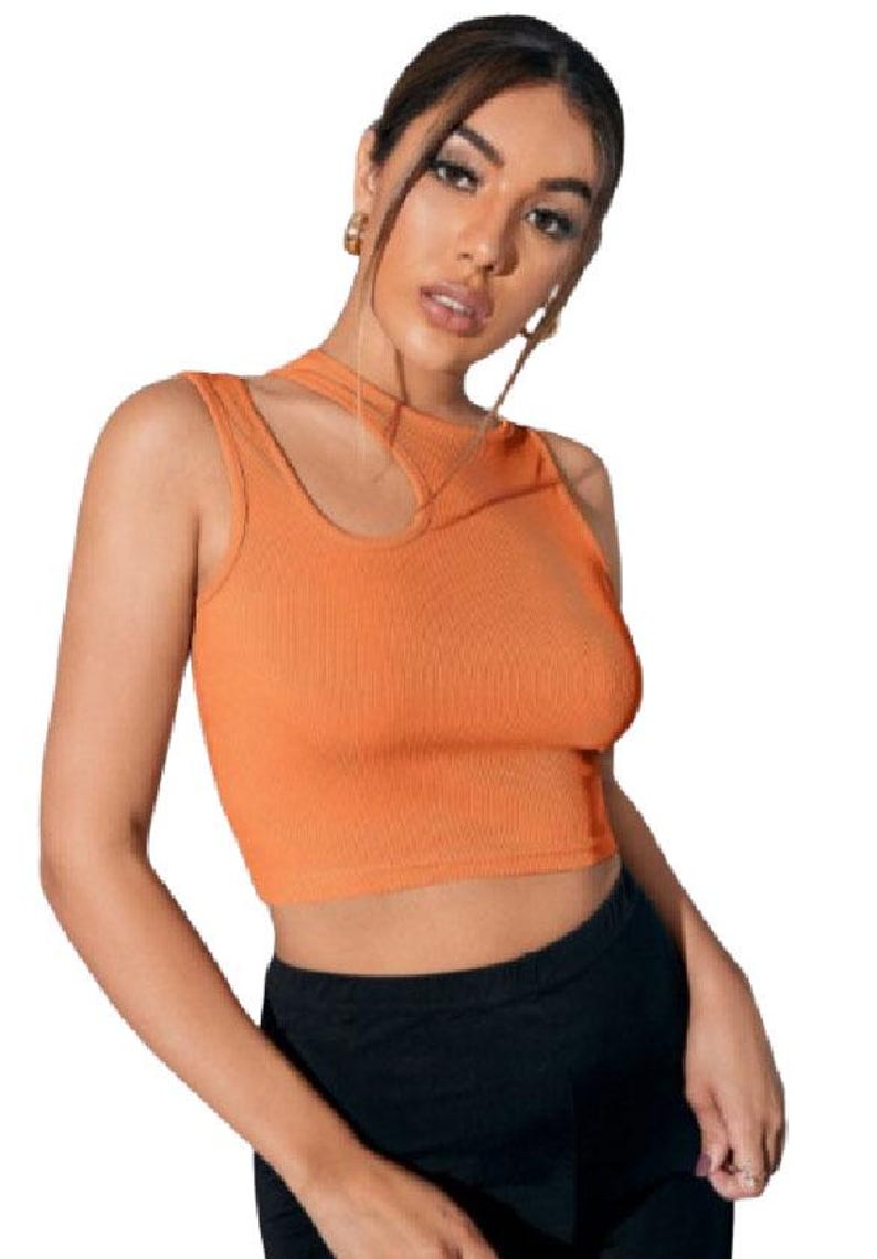 May include: Orange ribbed crop top with a unique cutout detail on the neckline. The sleeveless top is paired with black bottoms. The top is made of a ribbed material.