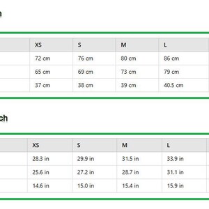 May include: Size chart with measurements in centimeters and inches. The chart includes chest, waist, and length measurements for sizes XS to XL. Chest measurements range from 28.3 inches to 36.2 inches.