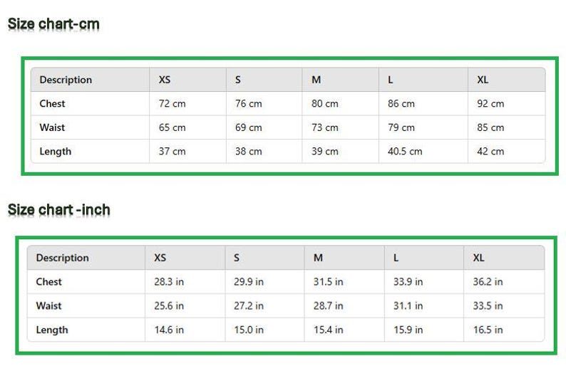 May include: Size chart with measurements in centimeters and inches. The chart includes chest, waist, and length measurements for sizes XS to XL. Chest measurements range from 28.3 inches to 36.2 inches.