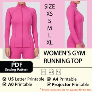 Könnte beinhalten: Ein leuchtend pinkfarbenes Damen-Gymnastik-Lauftop mit durchgehendem Reißverschluss und langen Ärmeln. Das Bild zeigt das Top von vorne und von der Seite, mit Größenoptionen. Der Text "WOMEN'S GYM RUNNING TOP" ist sichtbar. Ebenfalls enthalten ist ein PDF-Schnittmuster.
