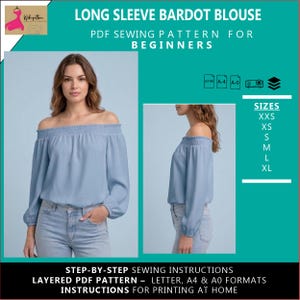 Puede incluir: Blusa Bardot de manga larga azul claro. El patrón de costura PDF para principiantes incluye instrucciones paso a paso y está disponible en tallas XXS a XL. El patrón está disponible en formatos Letter, A4 y A0.