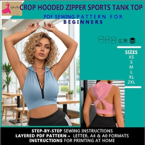 Crop Hooded Zipper Sports Tank Top- Downloadable PDF Sewing Pattern | A4 US Letter Printable | Instant Downloadable