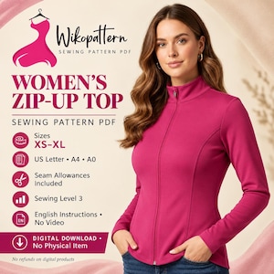 women’s zip-up top |Downloadable PDF Sewing Pattern| A4 US Letter Printable | Instant Downloadable