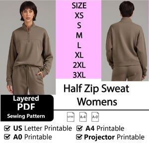 Peut inclure: Une femme porte un sweat-shirt marron à demi-fermeture éclair et un pantalon de survêtement assorti. L'image comprend un tableau des tailles et le texte "Half Zip Sweat Womens" et "Layered PDF Sewing Pattern". Des options imprimables sont également répertoriées.
