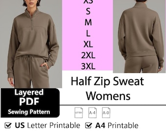 Half Zip Sweat-Womens/Downloadable PDF Sewing Pattern |A4 US Letter Printable | Instant Downloadable