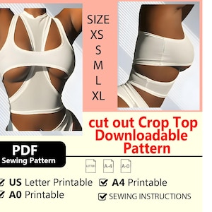 May include: White cut-out crop top and matching bottoms. The image includes a size chart with XS to XL. The text reads "cut out Crop Top Downloadable Pattern" and "PDF Sewing Pattern". Printable options include US Letter, A4, and A0.