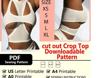 Patrón de costura para top corto con cortes: moda femenina (PDF imprimible A4/Carta EE. UU./A0)