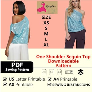 Puede incluir: Un top de un solo hombro con lentejuelas azul claro. La imagen incluye un patrón de costura PDF con opciones de tallas de XS a XL. El texto dice "One Shoulder Sequin Top Downloadable Pattern".